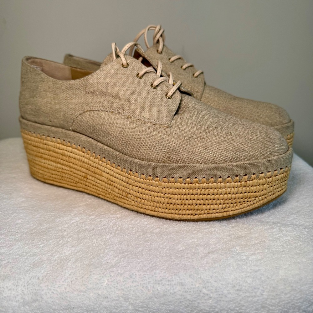 Stuart Weitzman Womens Kent Beige Linen Raffia Platform Oxford‎ Shoes Size 7.5